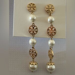Elegant Gold  discs logo and Pearl  long Drop Earrings